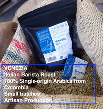 Venezia coffee bags with a label on a burlap background