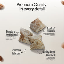 coffee bags with text describing quality and features on a light background