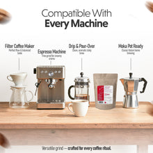 Coffee brewing equipment on a wooden surface with text indicating compatibility.