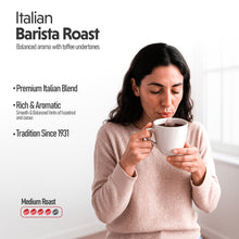 Woman holding a coffee cup with Italian Barista Roast branding and description.