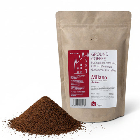Ground coffee packaging with Milano label on a white background