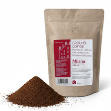Ground coffee packaging with Milano label on a white background