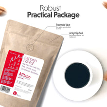 Ground coffee package with a cup of coffee on a white background