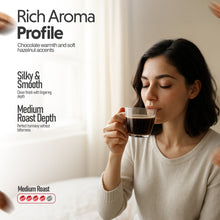 Woman drinking coffee with coffee brand description on the left
