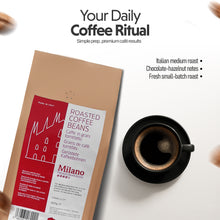 Coffee beans package and a cup of coffee on a white surface with text about Italian medium roast coffee.